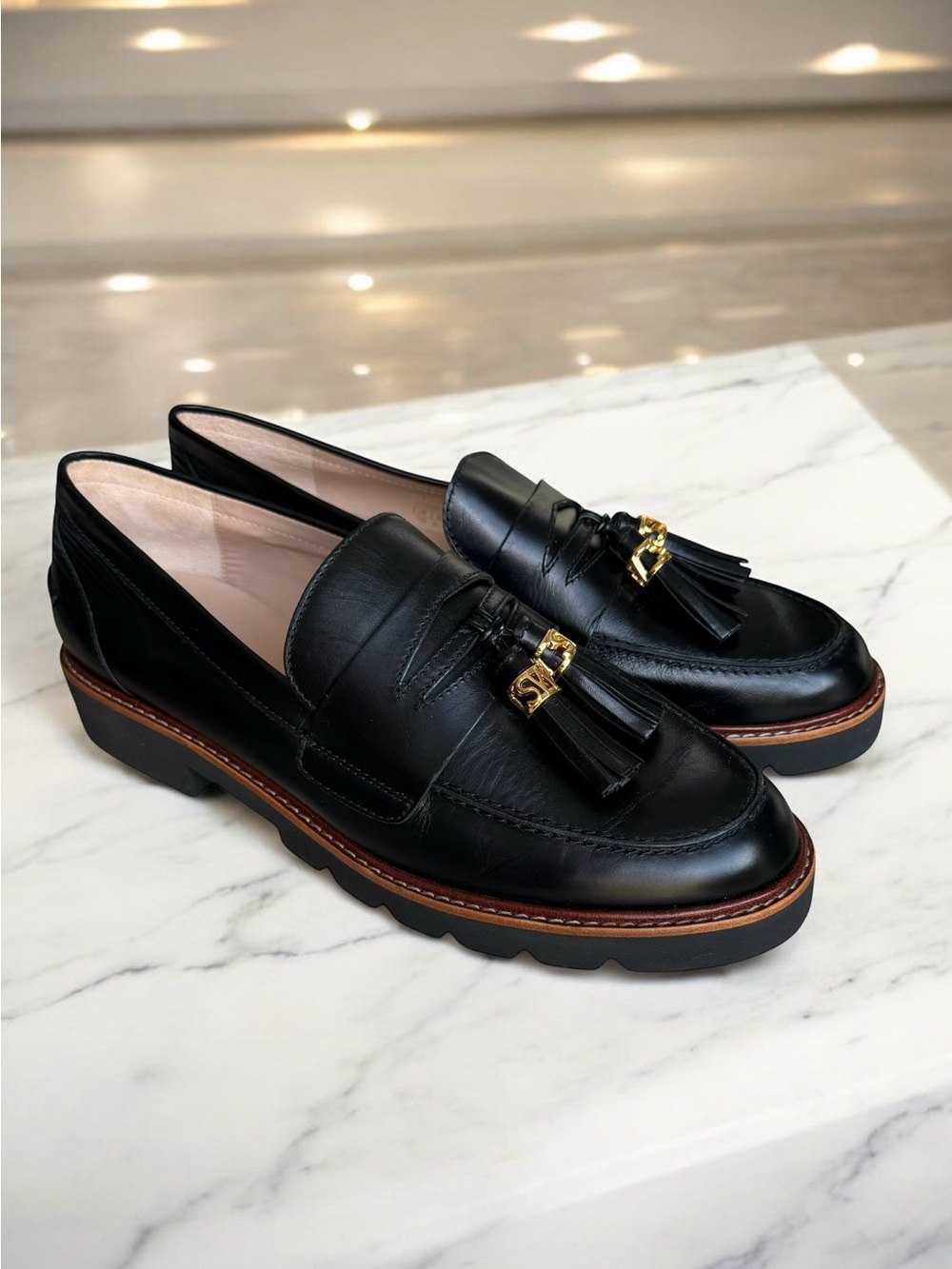 Stuart Weitzman Manila Lug Loafers Black Leather Tassel